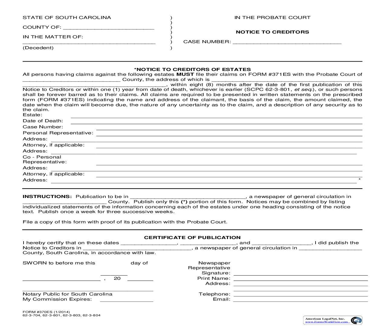 Notice To Creditors {370ES} | Pdf Fpdf Doc Docx | South Carolina