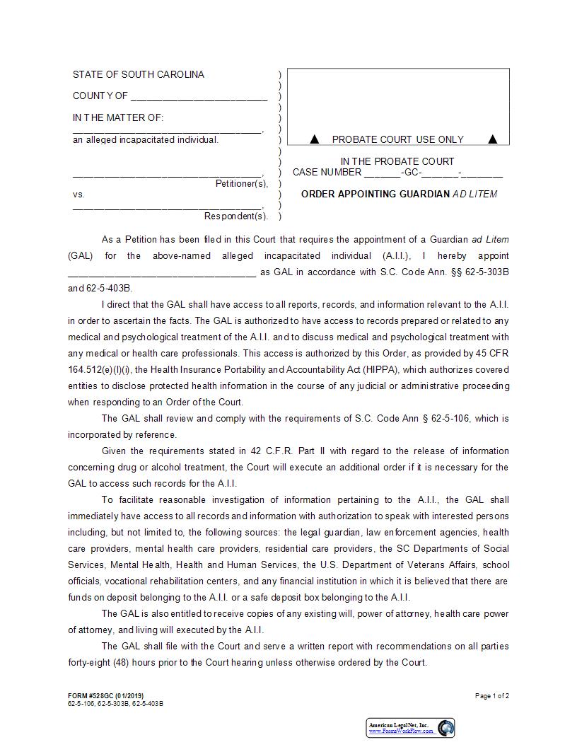 Order Appointing Guardian Ad Litem For Emergency Or Temporary Proceedings {528GC} | Pdf Fpdf Docx | South Carolina