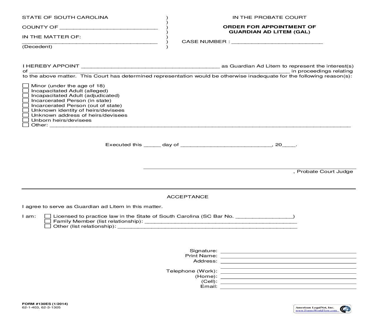 Order For Appointment Of Guardian Ad Litem (GAL) {130ES} | Pdf Fpdf Doc Docx | South Carolina