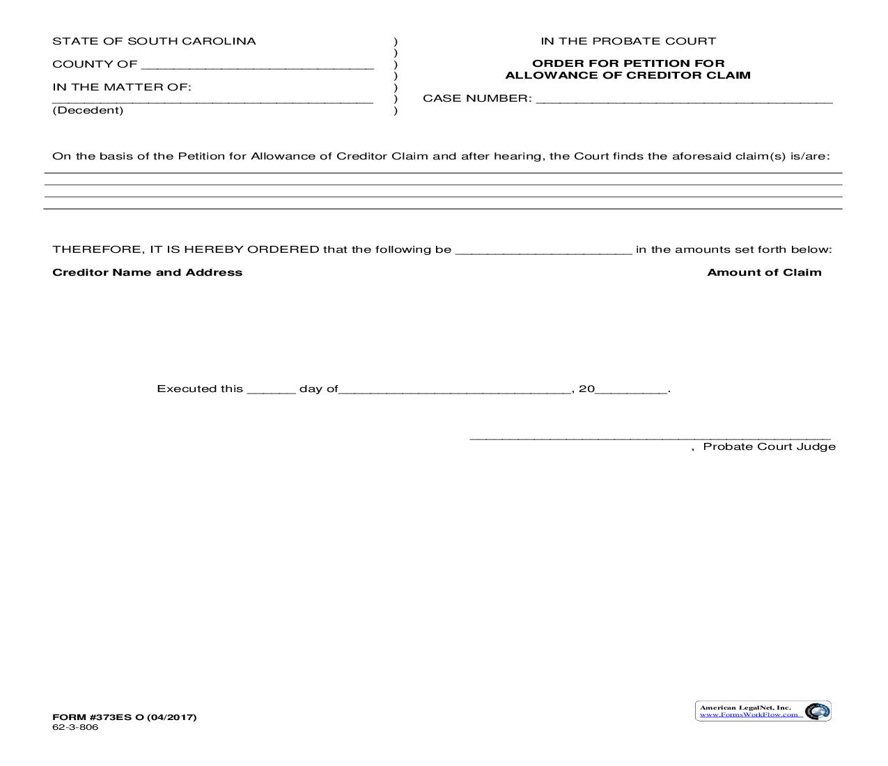 Order For Petition For Allowance Of Claim {373ES O} | Pdf Fpdf Doc Docx | South Carolina