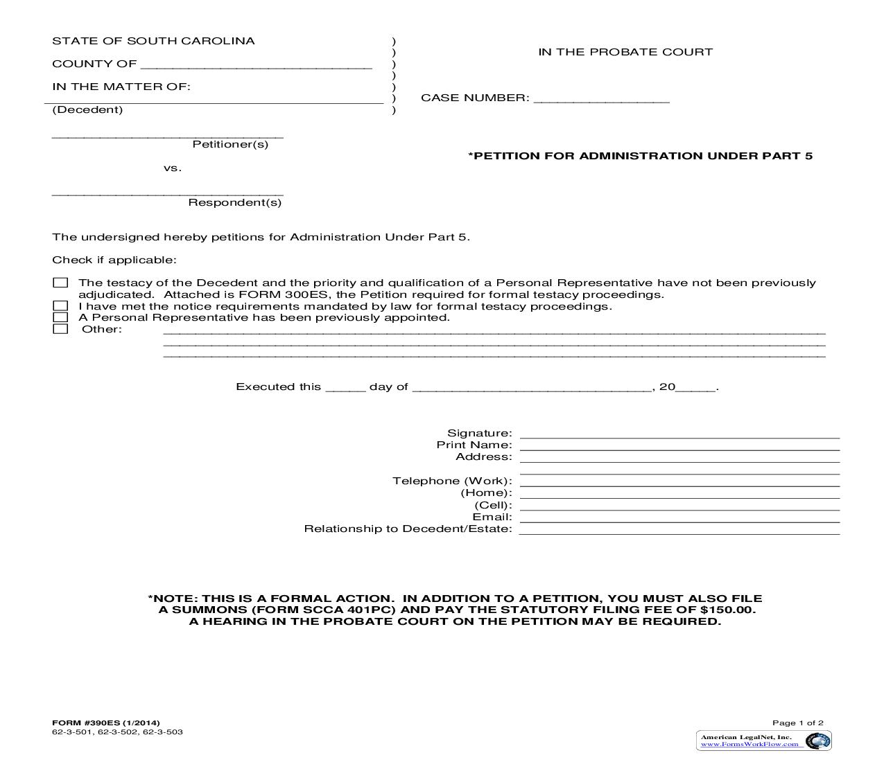 Petition For Administration Under Part 5 {390ES} | Pdf Fpdf Doc Docx | South Carolina
