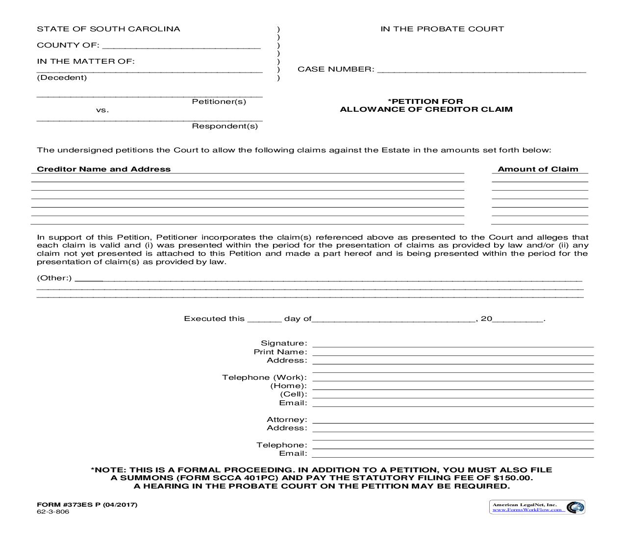 Petition For Allowance Of Claim {373ES P} | Pdf Fpdf Doc Docx | South Carolina