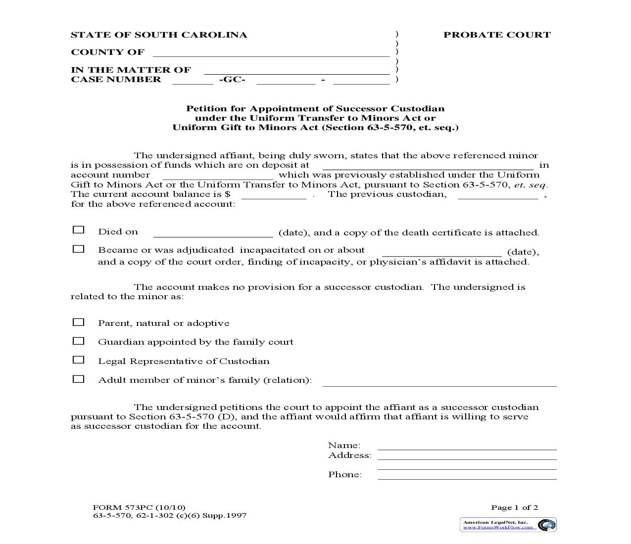 Petition For Appointment Of Successor Custodian {573PC} | Pdf Fpdf Doc Docx | South Carolina