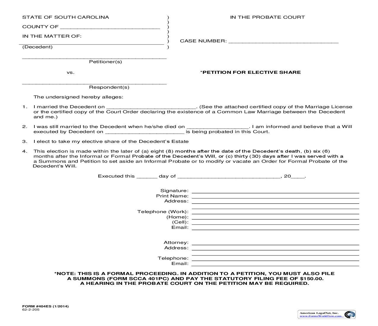 Petition For Elective Share {404ES} | Pdf Fpdf Doc Docx | South Carolina