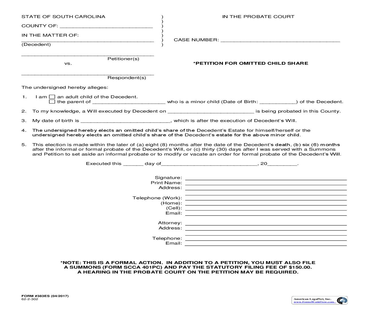 Petition For Omitted Child {383ES} | Pdf Fpdf Doc Docx | South Carolina