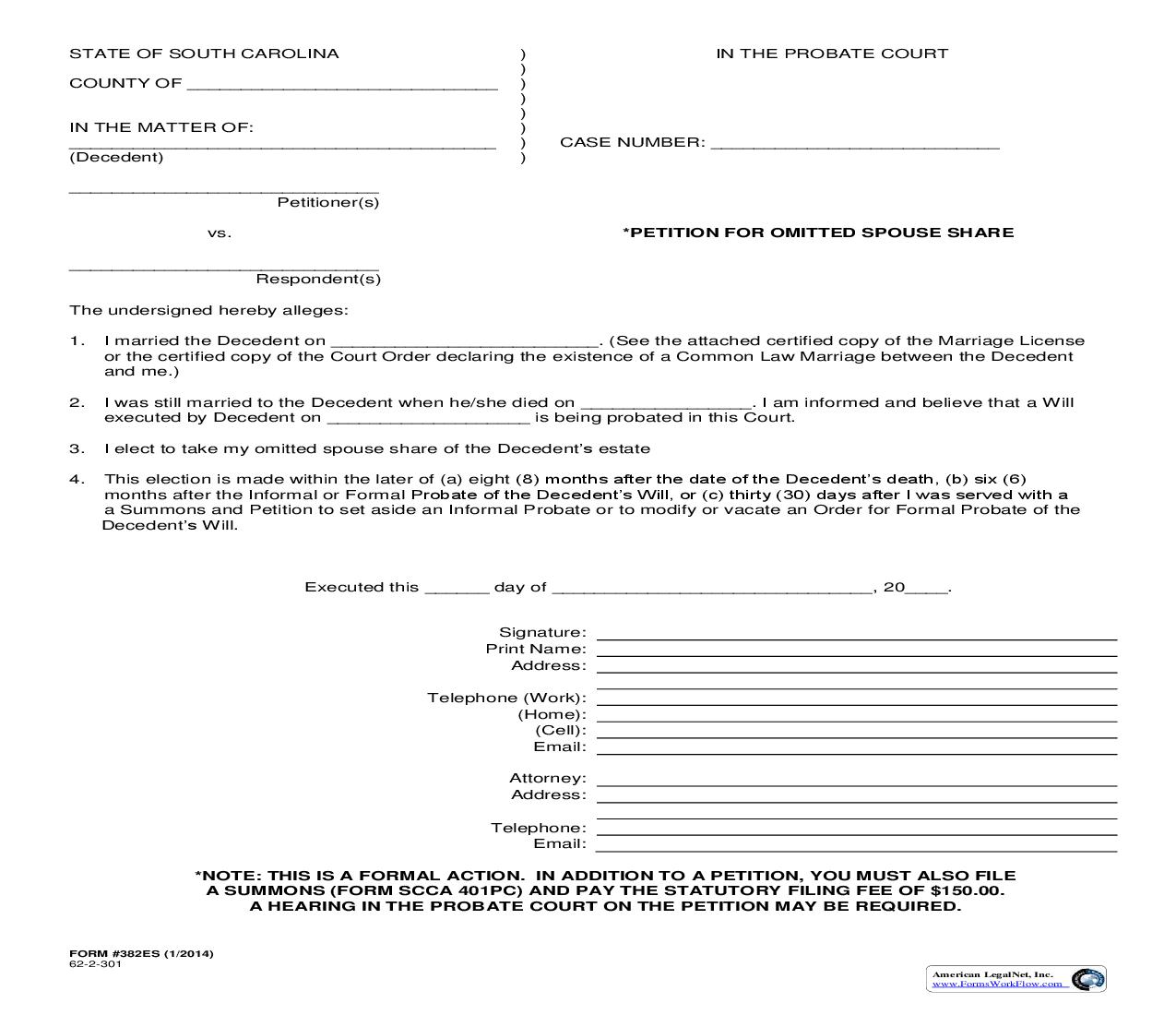 Petition For Omitted Spouse {382ES} | Pdf Fpdf Doc Docx | South Carolina