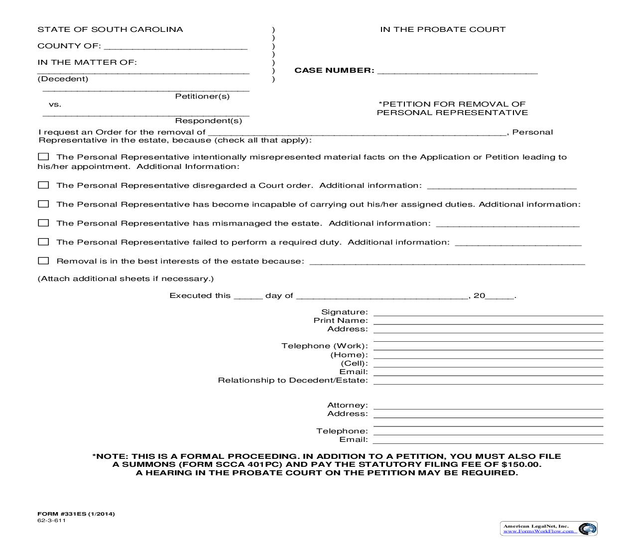 Petition For Removal Of Personal Representative {331ES} | Pdf Fpdf Doc Docx | South Carolina