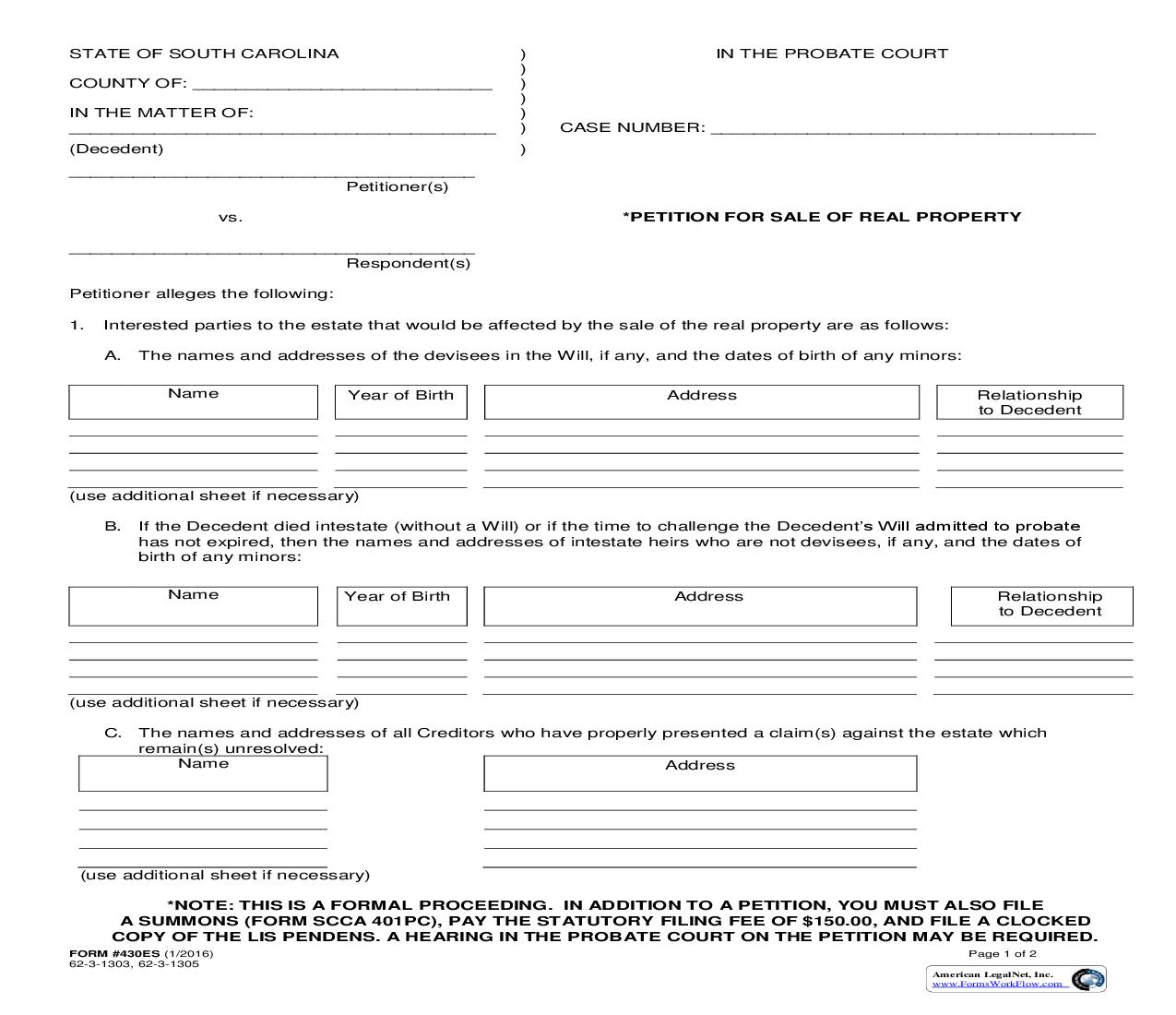 Petition For Sale Of Real Estate {430ES} | Pdf Fpdf Doc Docx | South Carolina