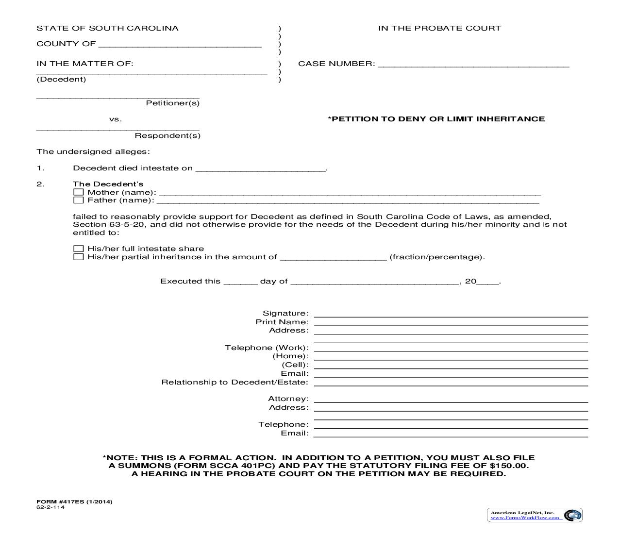 Petition To Deny Or Limit Inheritance {417ES} | Pdf Fpdf Doc Docx | South Carolina