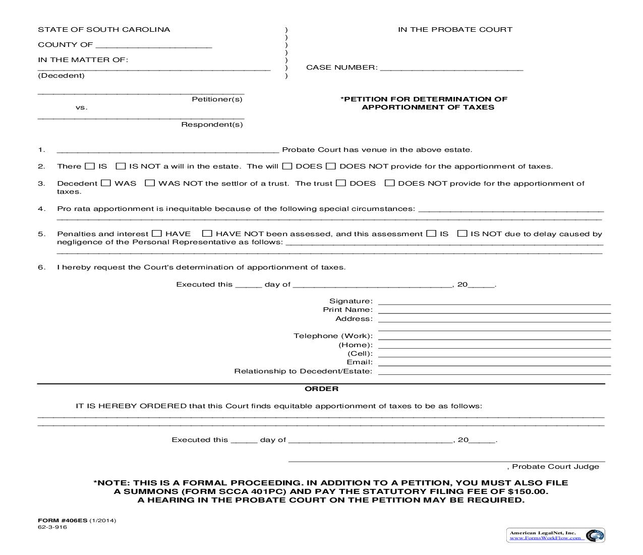 Petition for Determination Of Apportionment Of Taxes {406ES} | Pdf Fpdf Doc Docx | South Carolina