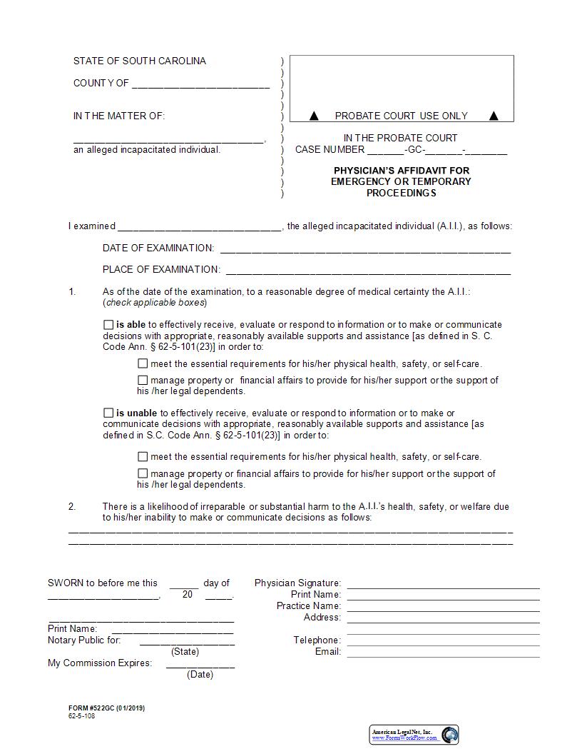 Physicians Affidavit For Emergency Or Temporary Proceedings {522GC} | Pdf Fpdf Docx | South Carolina