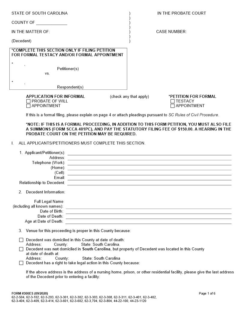 Probate Application (Mandatory) {300ES} | Pdf Fpdf Docx | South Carolina