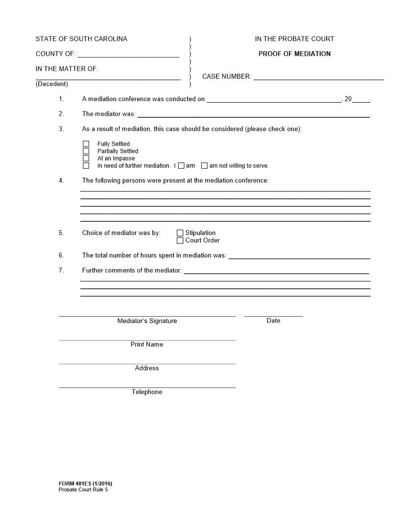 Probate Rule 5-Proof Of ADR {481ES} | Pdf Fpdf Doc Docx | South Carolina