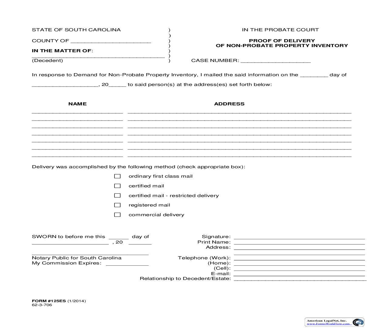Proof Of Delivery For Non-Probate Property Inventory {125ES} | Pdf Fpdf Doc Docx | South Carolina