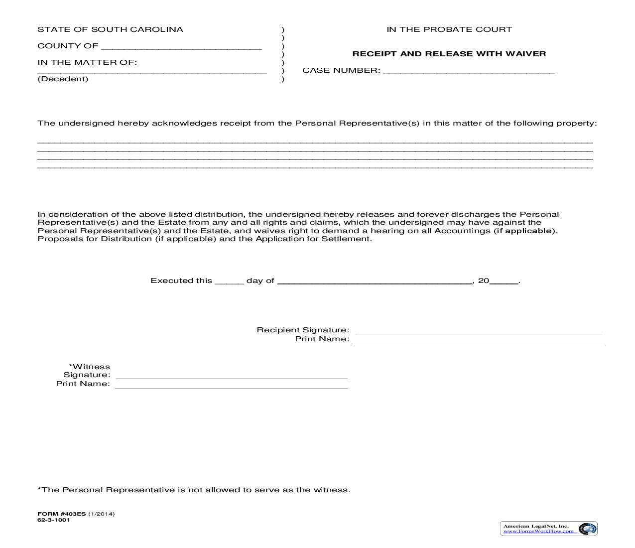 Receipt And Release With Waiver {403ES} | Pdf Fpdf Doc Docx | South Carolina