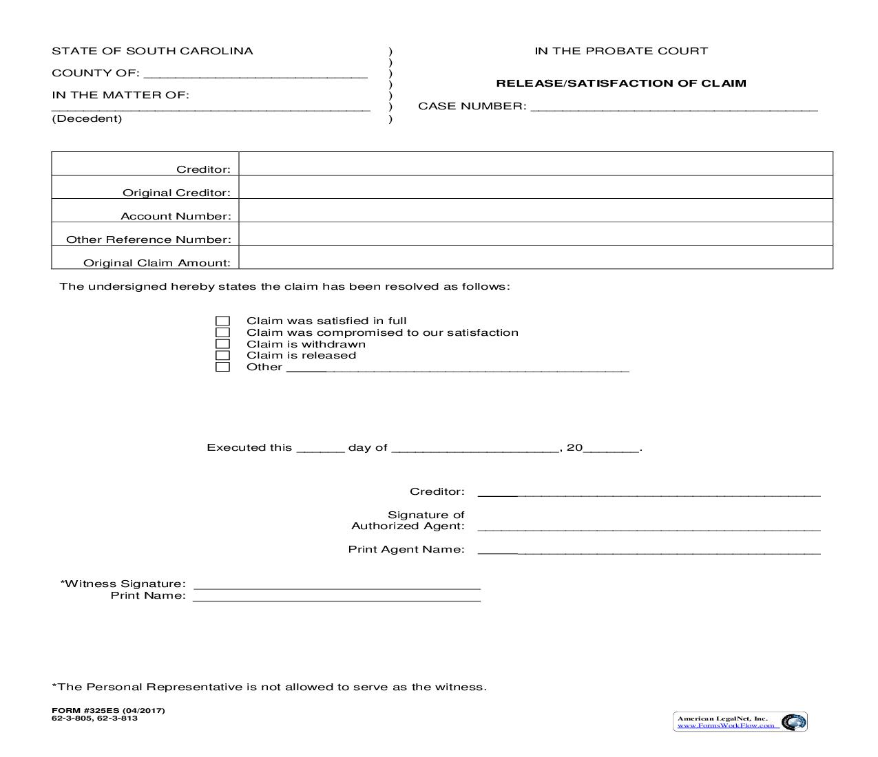 Release-Satisfaction Of Claim {325ES} | Pdf Fpdf Doc Docx | South Carolina