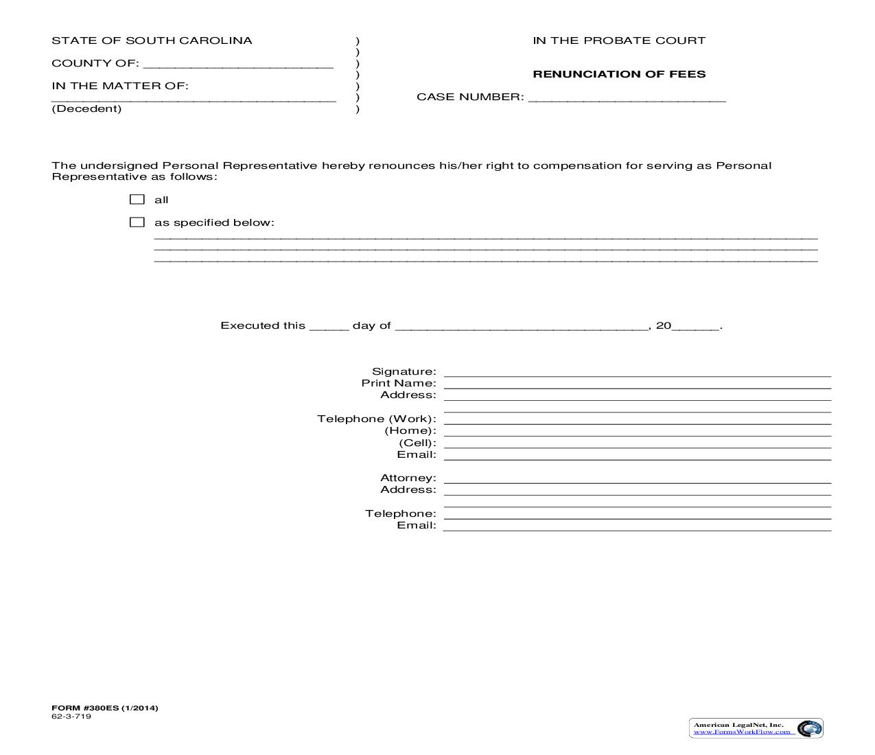 Renunciation Of Fee {380ES} | Pdf Fpdf Doc Docx | South Carolina