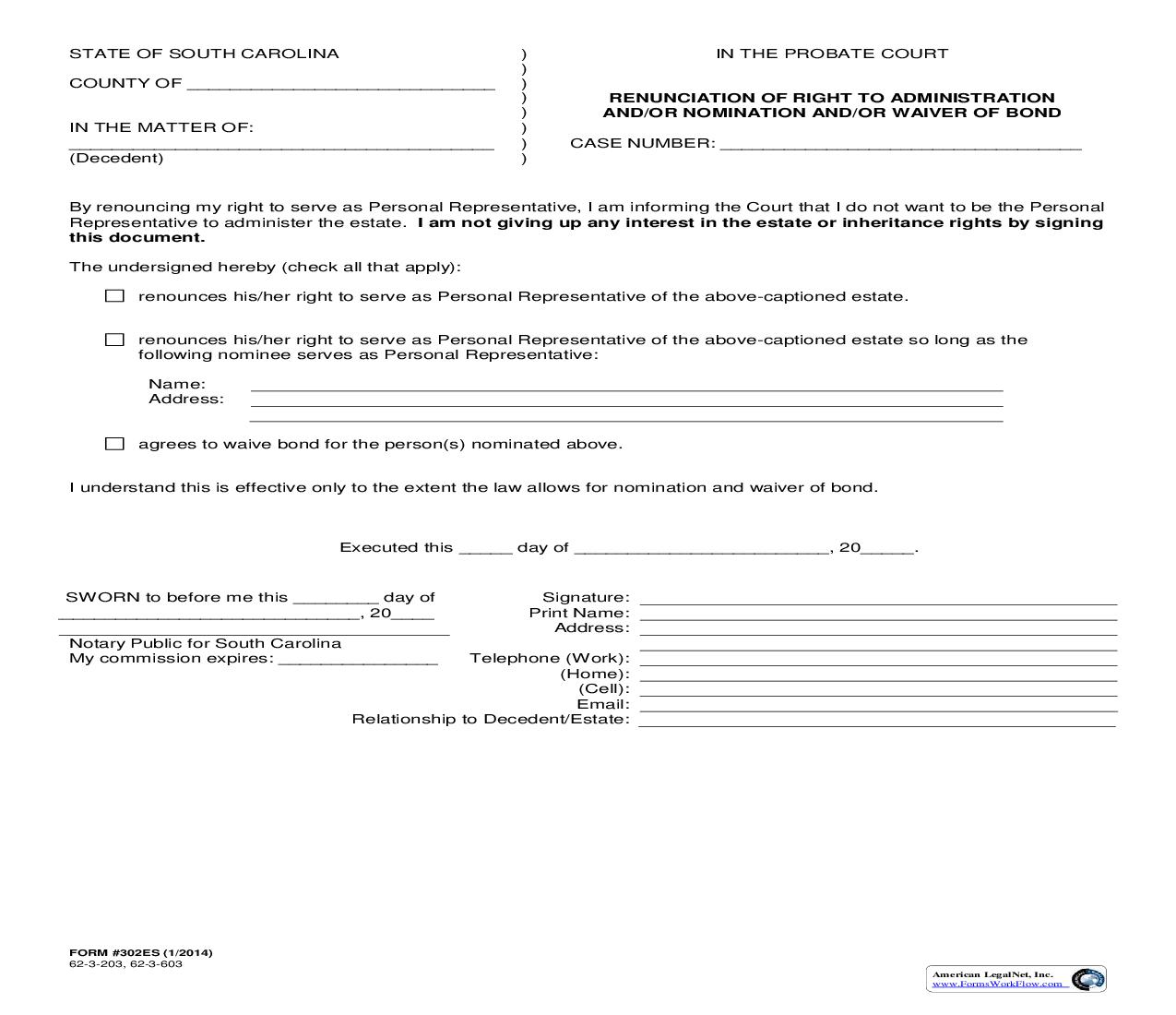 Renunciation Of Right To Administration And-Or Nomination {302ES} | Pdf Fpdf Doc Docx | South Carolina