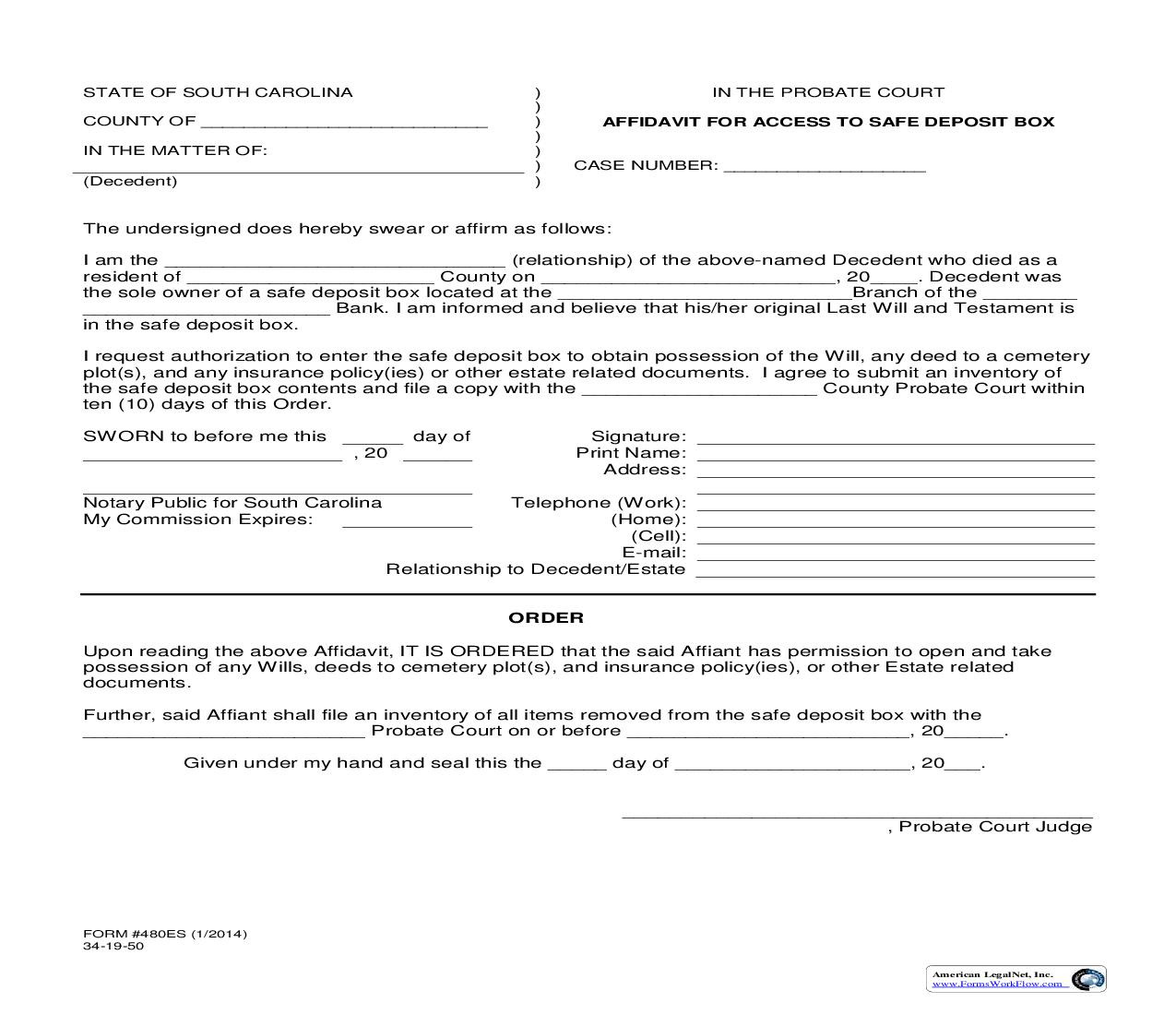 Safe Deposit Affidavit {480ES} | Pdf Fpdf Doc Docx | South Carolina