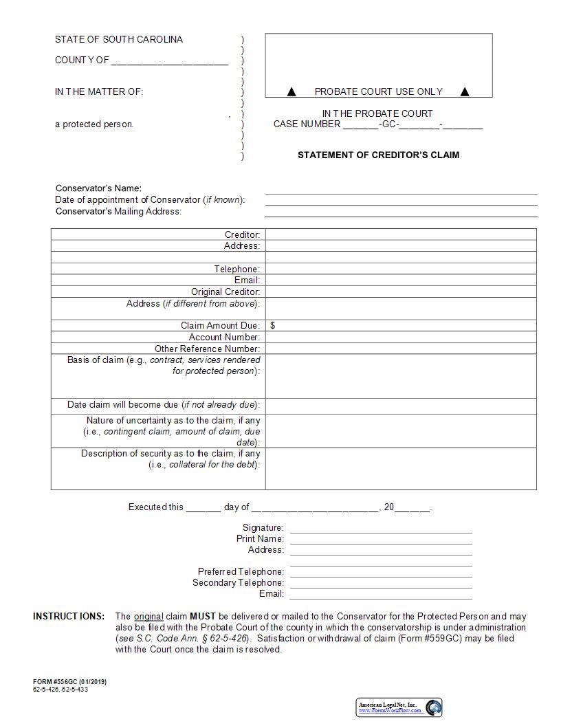 Statement Of Creditors Claim {556GC} | Pdf Fpdf Docx | South Carolina