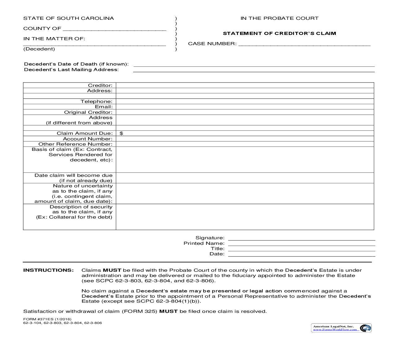 Statement Of Creditors Claim (Mandatory) {371ES} | Pdf Fpdf Doc Docx | South Carolina