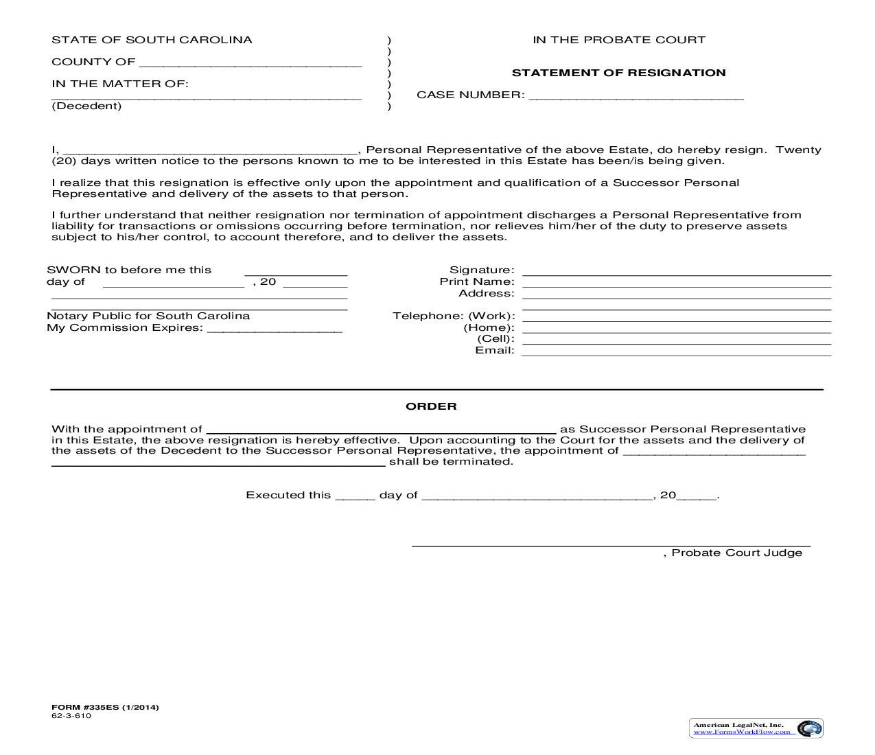 Statement Of Resignation {335ES} | Pdf Fpdf Doc Docx | South Carolina