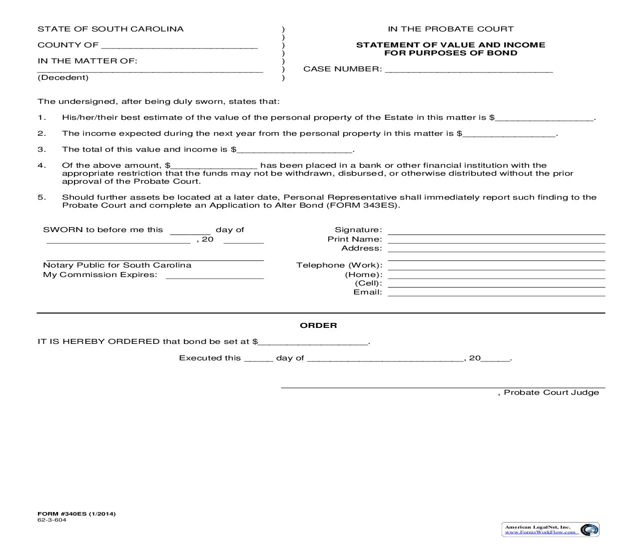 Statement Of Value And Income For Purposes Of Bond {340ES} | Pdf Fpdf Doc Docx | South Carolina
