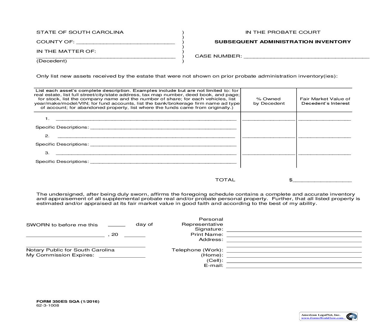 Subsequent Administration Inventory {350ES SQA} | Pdf Fpdf Doc Docx | South Carolina