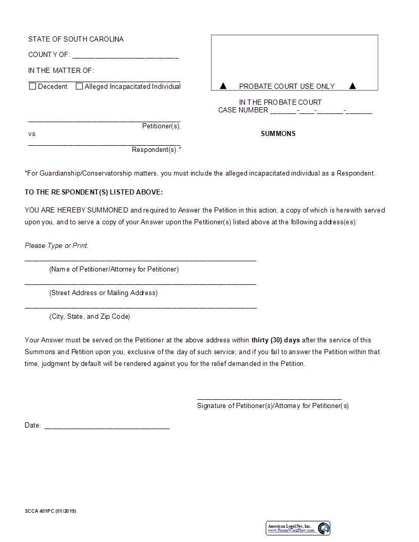 Summons {SCCA 401PC} | Pdf Fpdf Docx | South Carolina