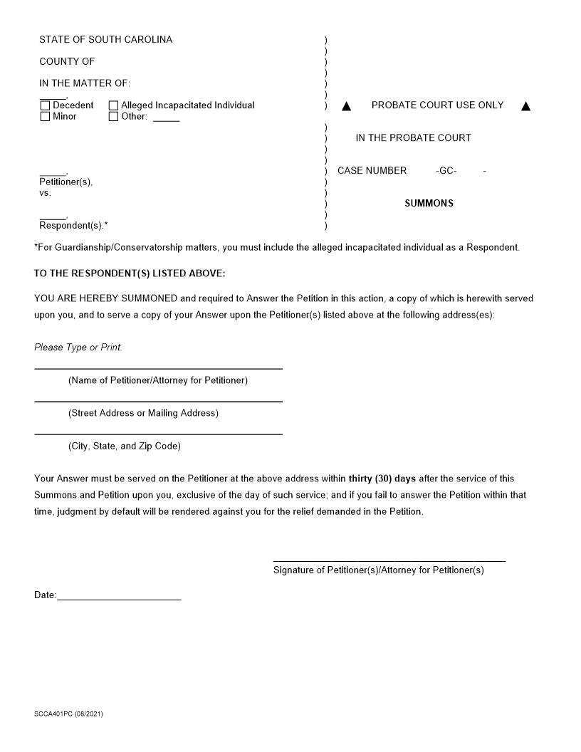 Summons (And Petition For Appointment Of Conservator) {540GC} | Pdf Fpdf Docx | South Carolina