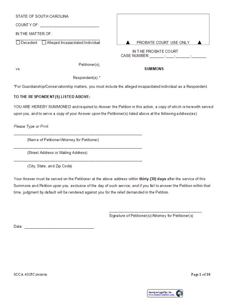 Summons (And Petition For Appointment Of Guardian And Conservator) {520GC} | Pdf Fpdf Docx | South Carolina