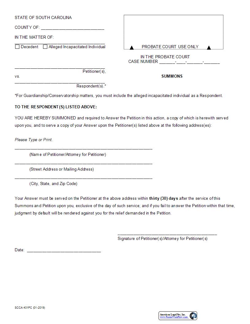 Summons And Petition For Allowance Of Claim {558GC} | Pdf Fpdf Docx | South Carolina