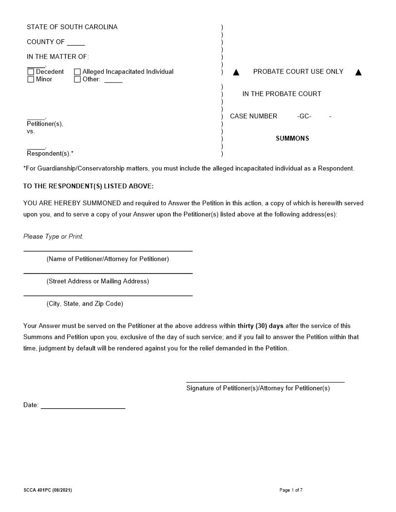 Summons And Petition For Appointment Of Guardian {530GC} | Pdf Fpdf Docx | South Carolina