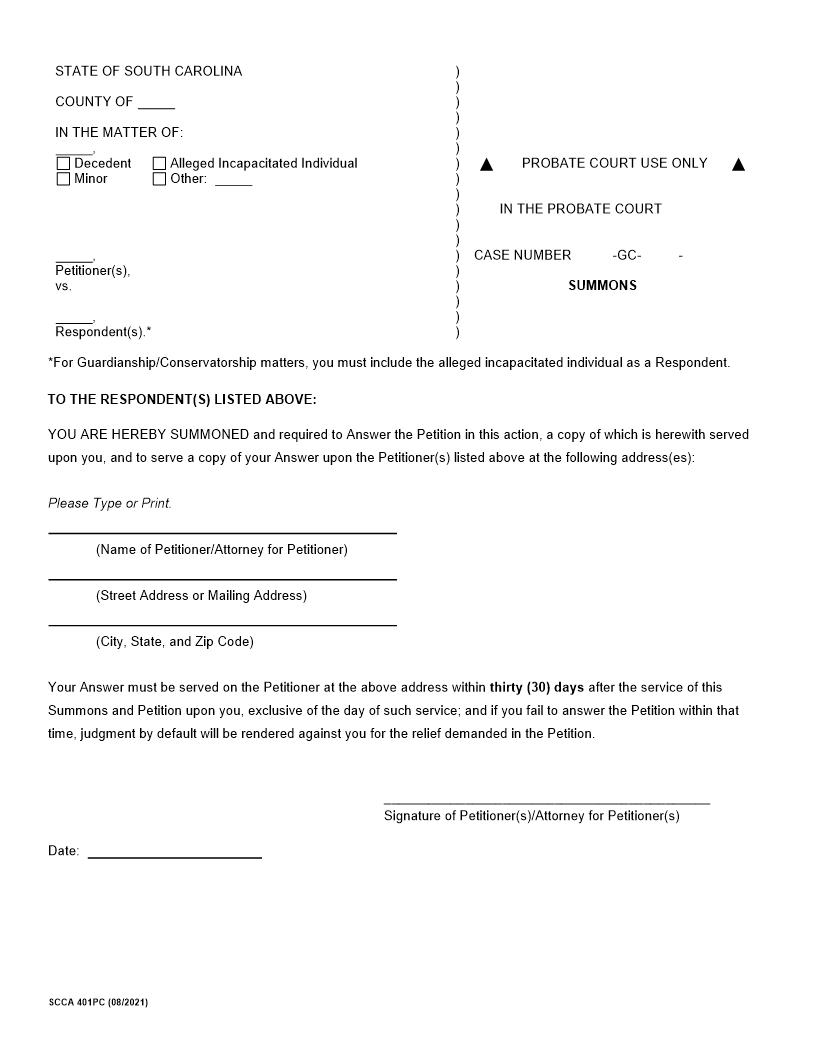 Summons And Petition For Formal Relief {571GC} | Pdf Fpdf Docx | South Carolina