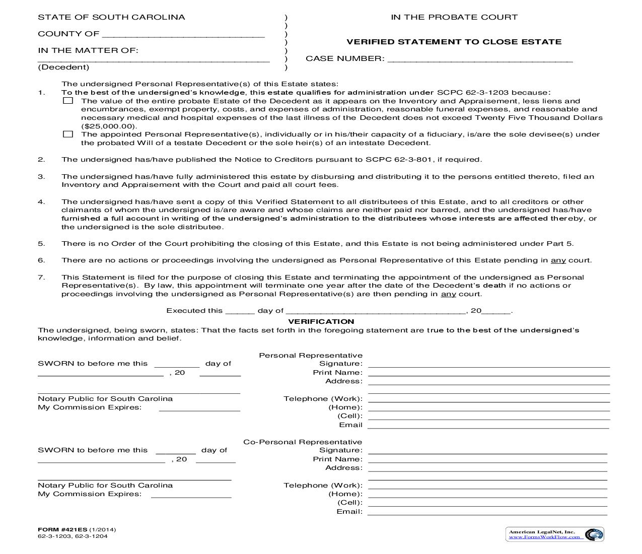 Verified Statement To Close Estate (62-3-1204) {421ES} | Pdf Fpdf Doc Docx | South Carolina