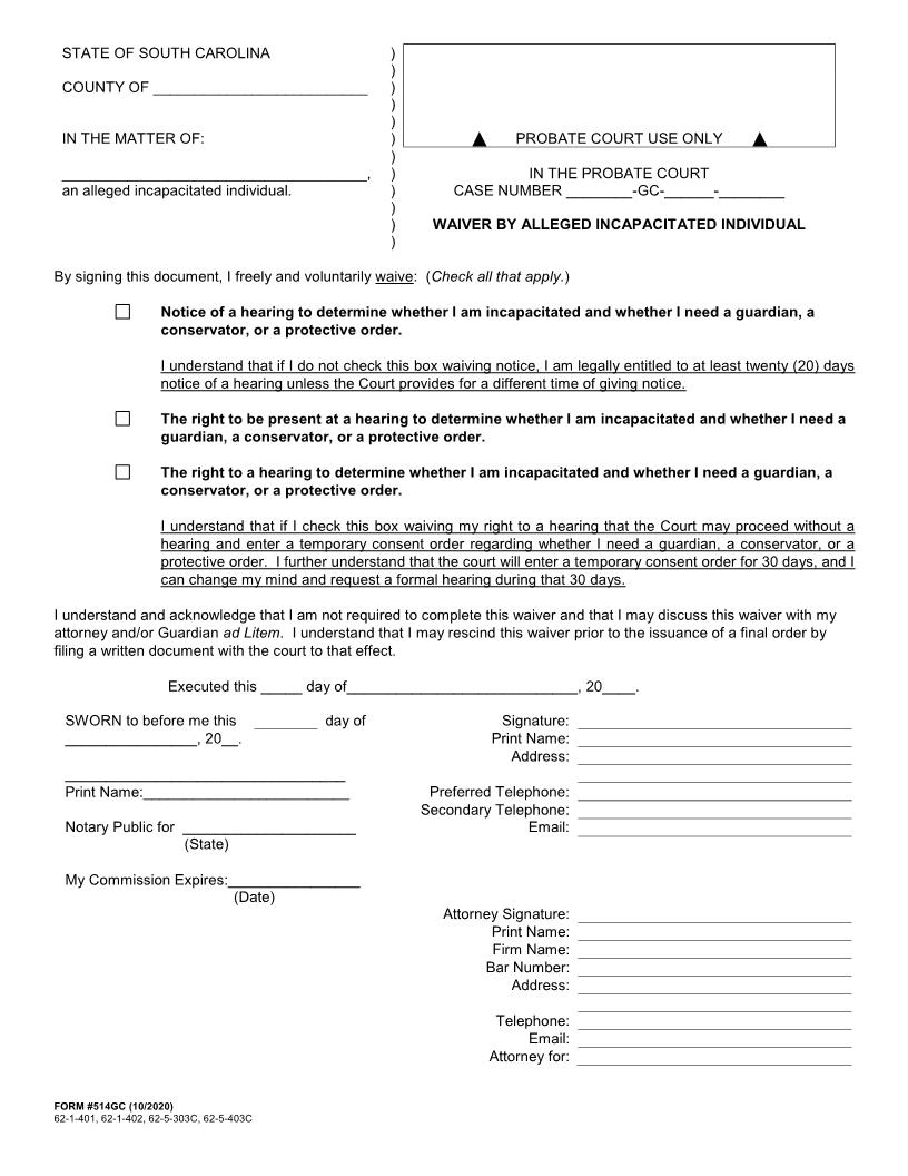 Waiver By Alleged Incapacitated Individual {514GC} | Pdf Fpdf Docx | South Carolina