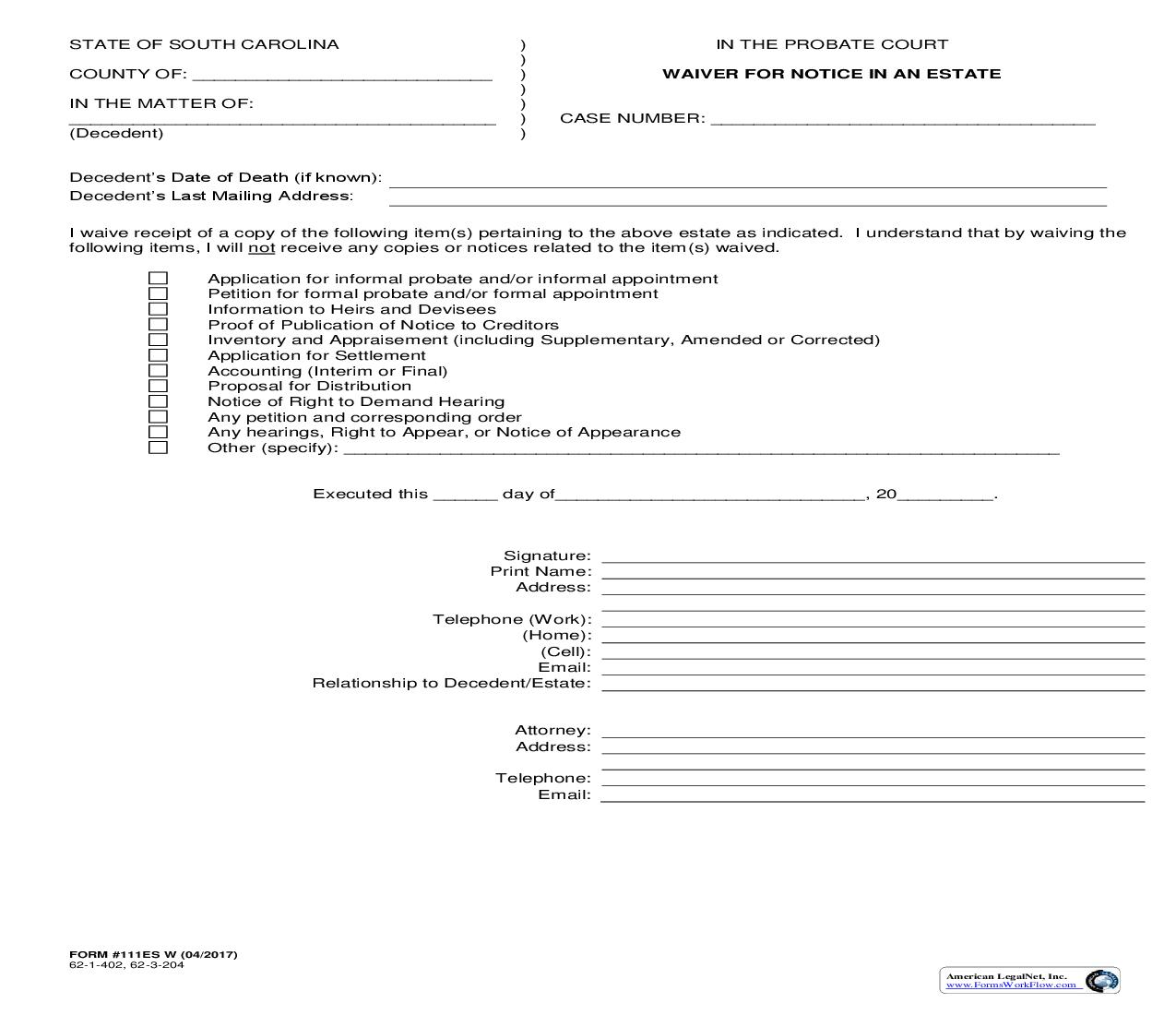 Waiver For Notice In An Estate {111ES W} | Pdf Fpdf Doc Docx | South Carolina