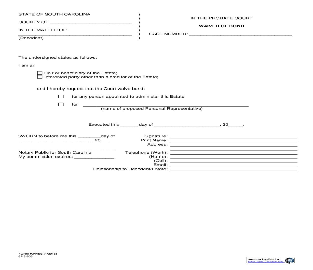 Waiver Of Bond {344ES} | Pdf Fpdf Doc Docx | South Carolina