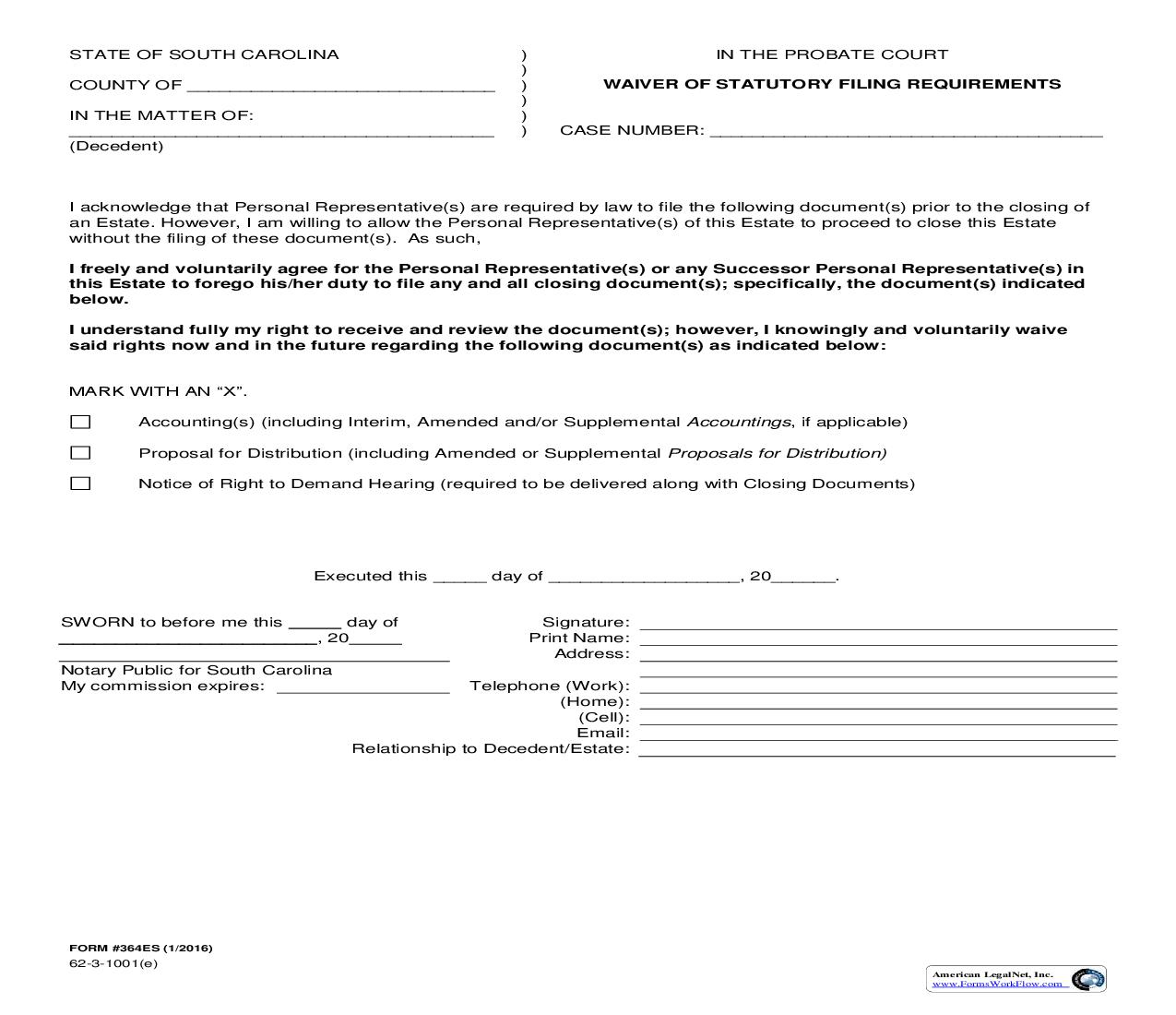 Waiver Of Filing Requirements {364ES} | Pdf Fpdf Doc Docx | South Carolina