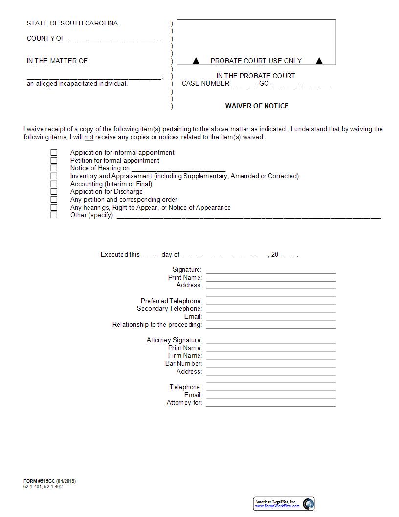 Waiver Of Notice {515GC} | Pdf Fpdf Docx | South Carolina