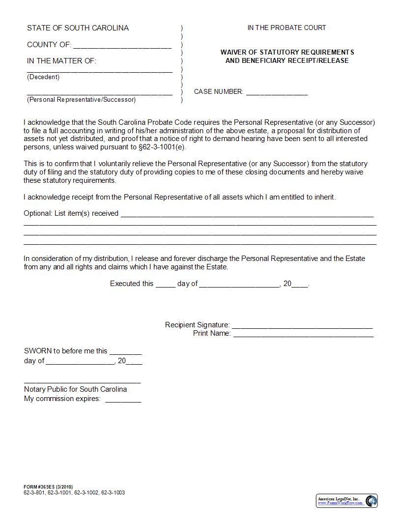 Waiver Of Statutory Requirements And Beneficiary Receipt-Release {365ES} | Pdf Fpdf Docx | South Carolina
