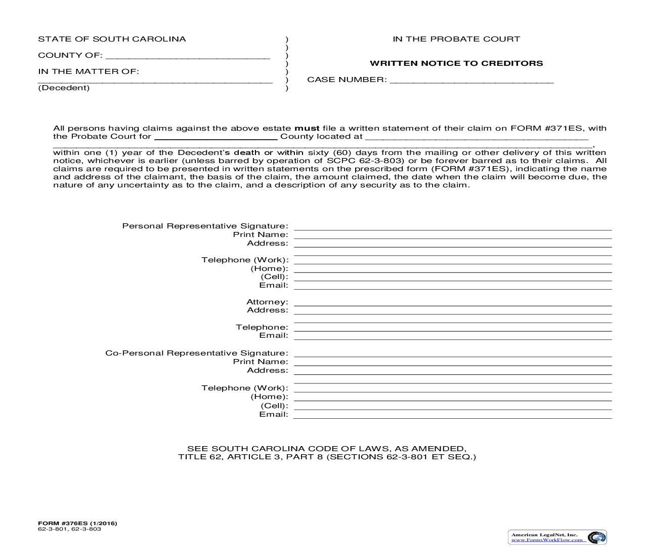 Written Notice To Creditors {376ES} | Pdf Fpdf Doc Docx | South Carolina