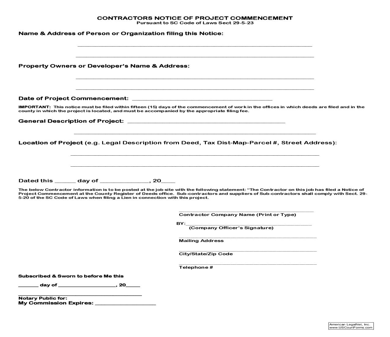 Contractors Notice Of Project Commencement | Pdf Fpdf Doc Docx | South Carolina