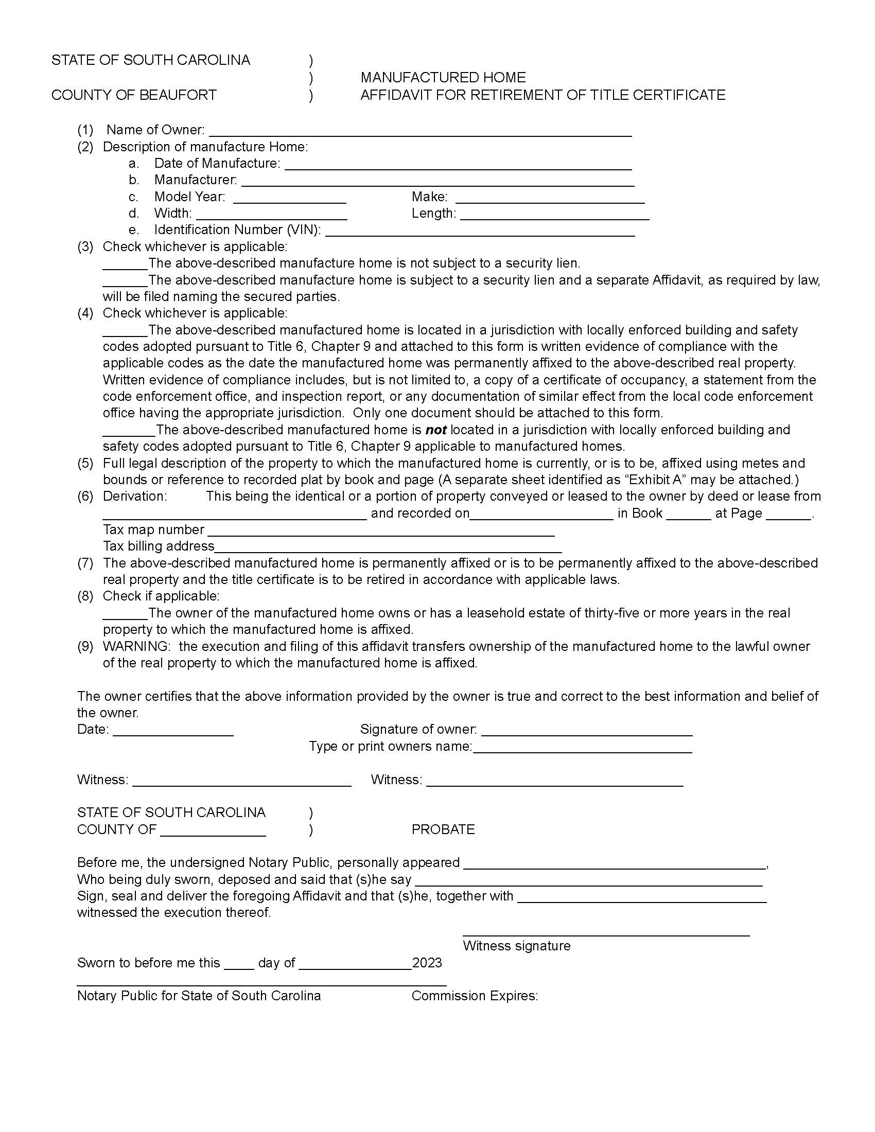 Manufactured Home Affidavit Retirement Of Title Certificate (Packet) | Pdf Fpdf Doc Docx | South Carolina