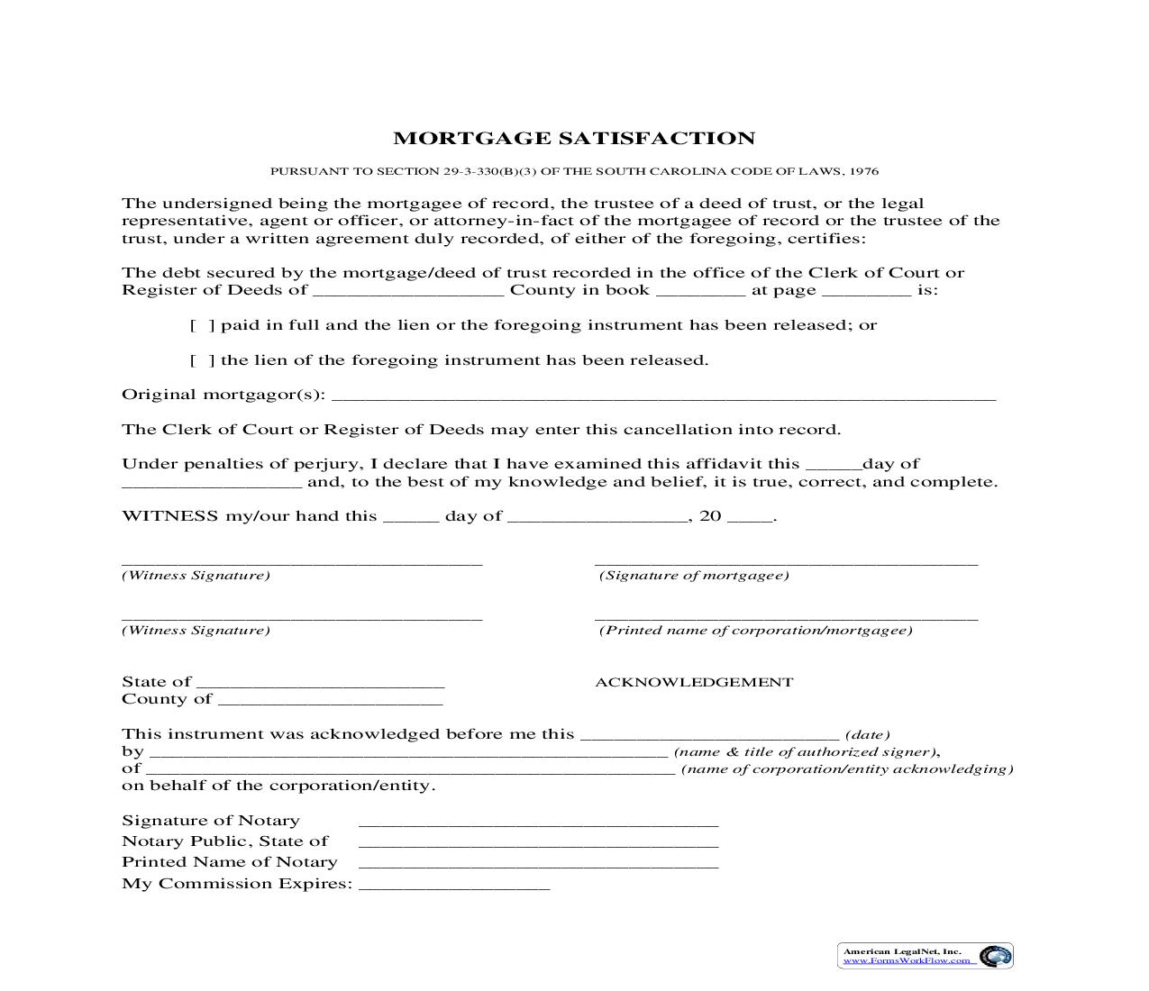 Mortgage Satisfaction | Pdf Fpdf Doc Docx | South Carolina