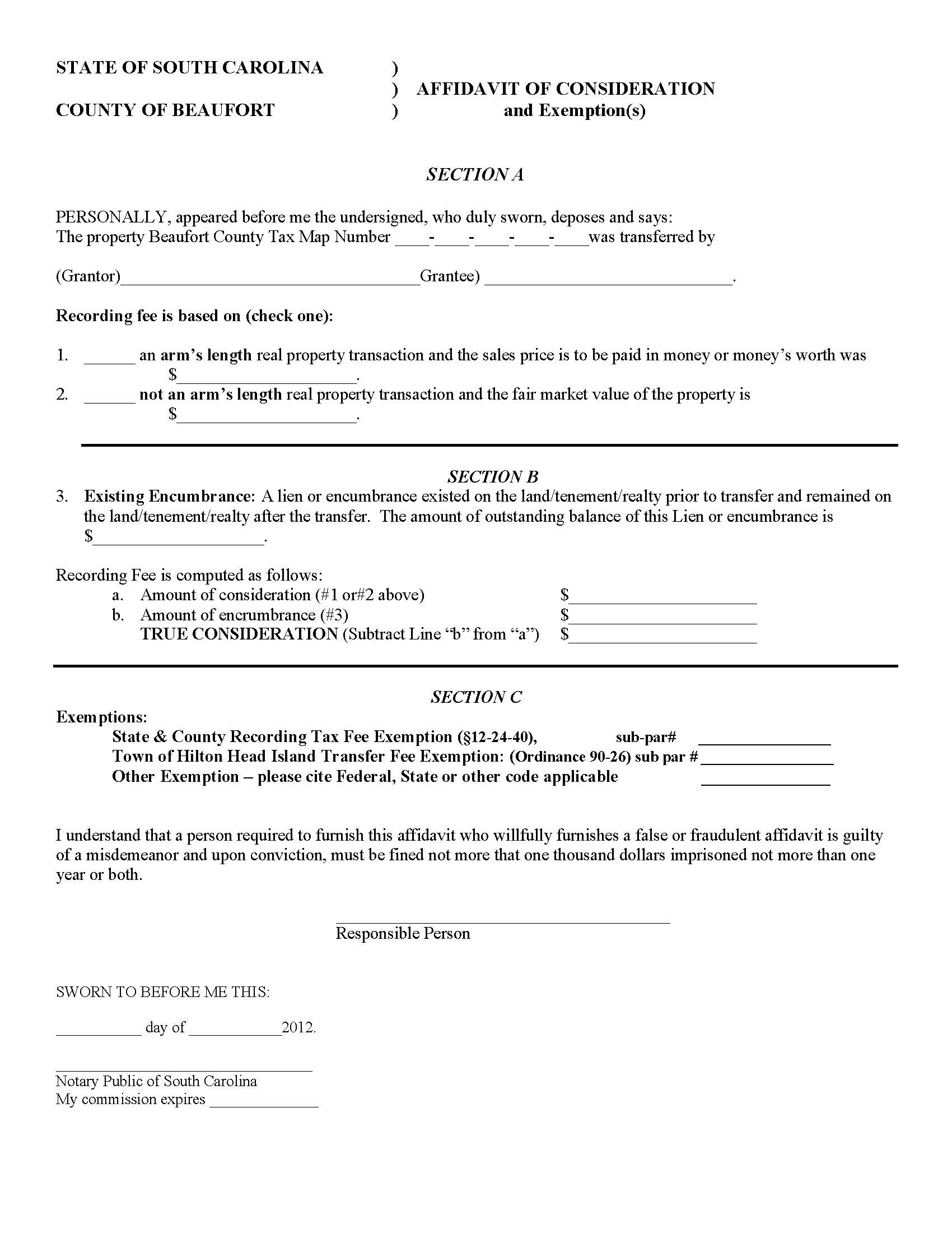 SC Affidavit  Of True Consideration-Existing Encumbrance | Pdf Fpdf Doc Docx | South Carolina