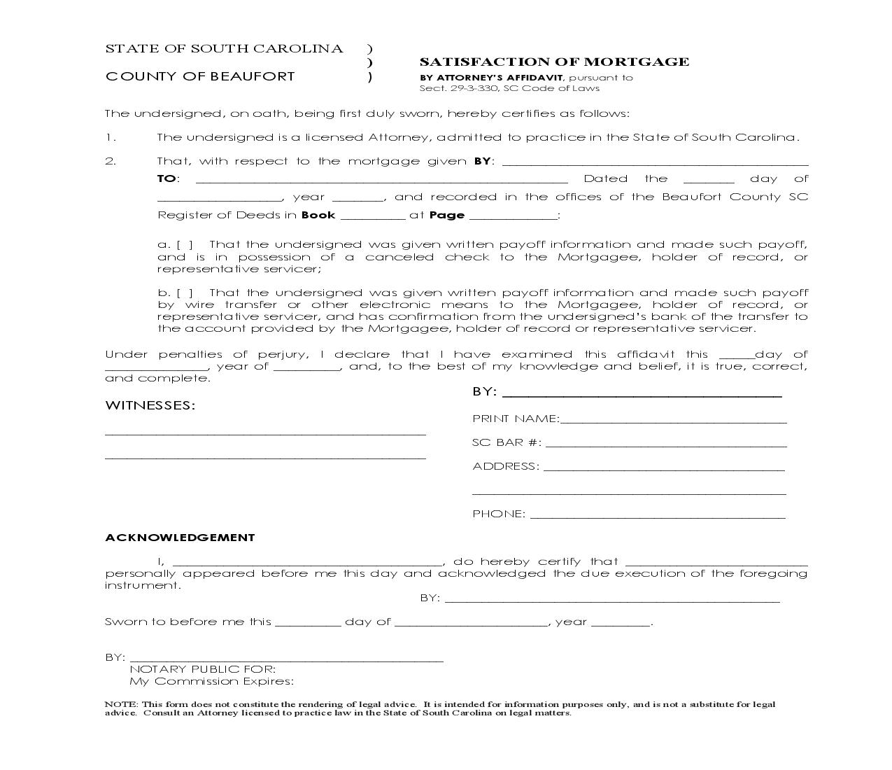 Satisfaction Of Mortgage By Attorneys Affidavit | Pdf Fpdf Doc Docx | South Carolina