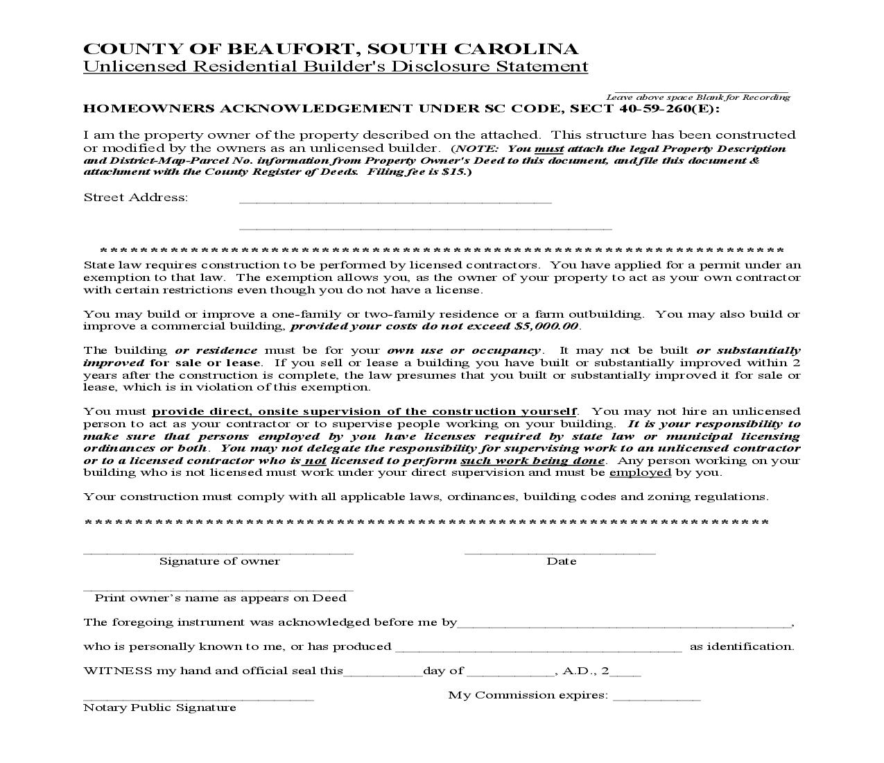 Unlicensed Residential Builders Disclosure Statement | Pdf Fpdf Doc Docx | South Carolina