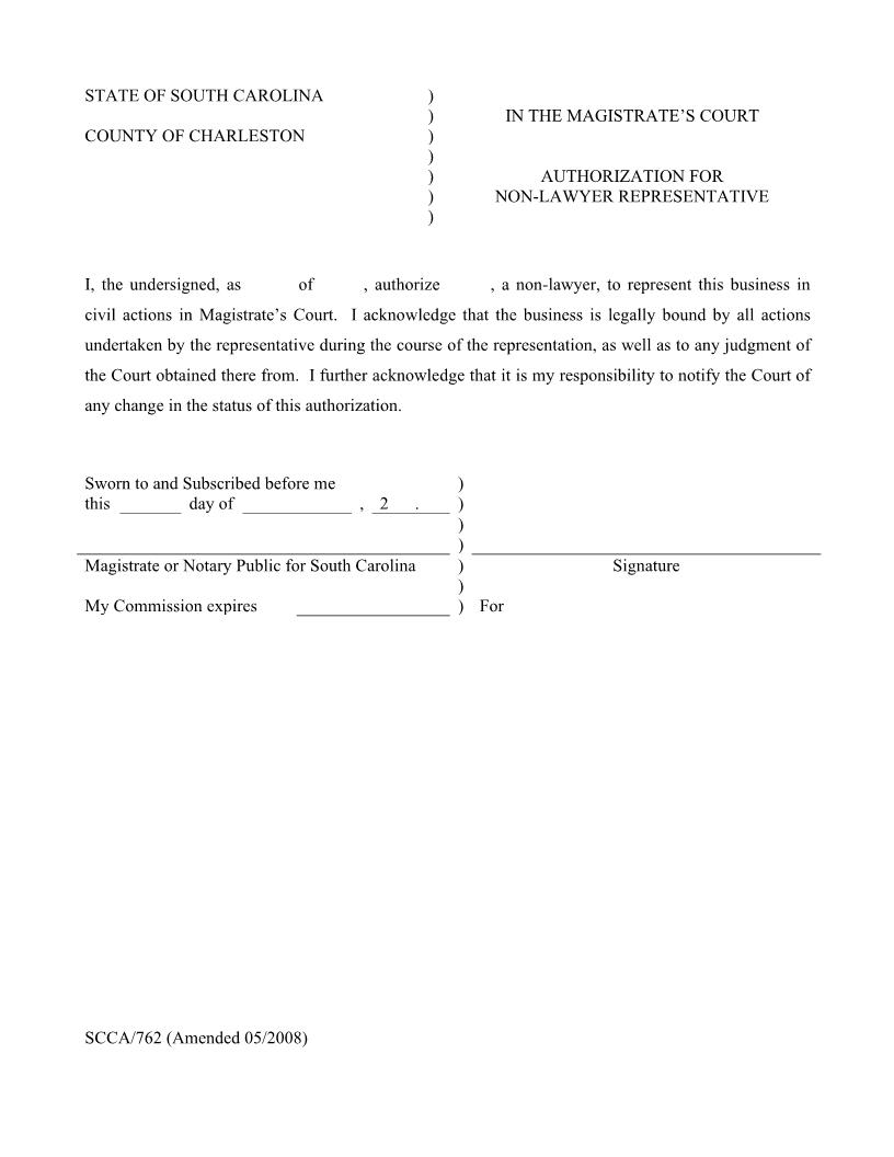 Authorization For Non-Lawyer Representative (Charleston) {SCCA-762} | Pdf Fpdf Docx | South Carolina