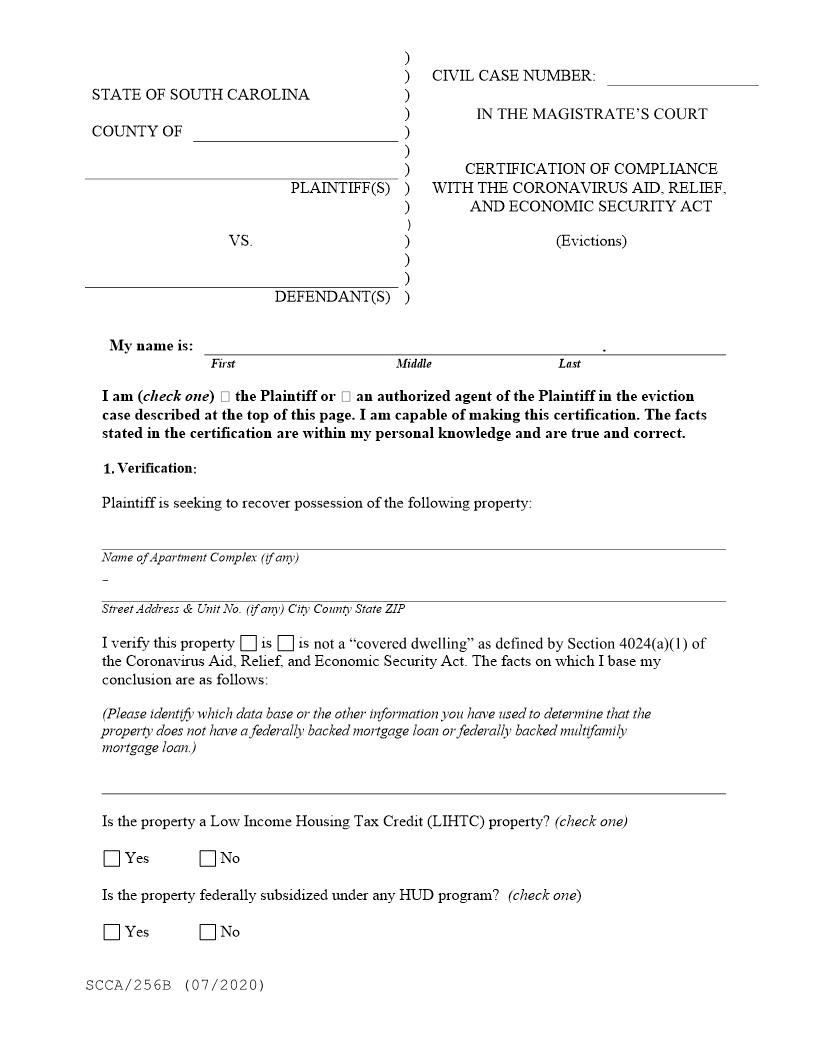 Certification Of Compliance Form CARES Act | Pdf Fpdf Docx | South Carolina